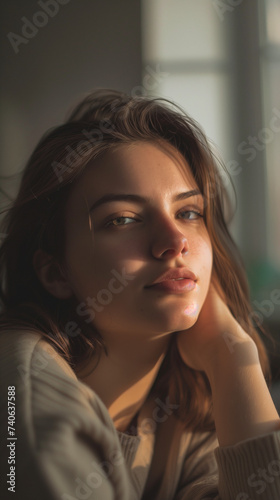 close up portrait of young woman with freckles Generative AI