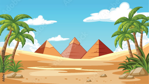 Vector illustration of pyramids among palm trees.