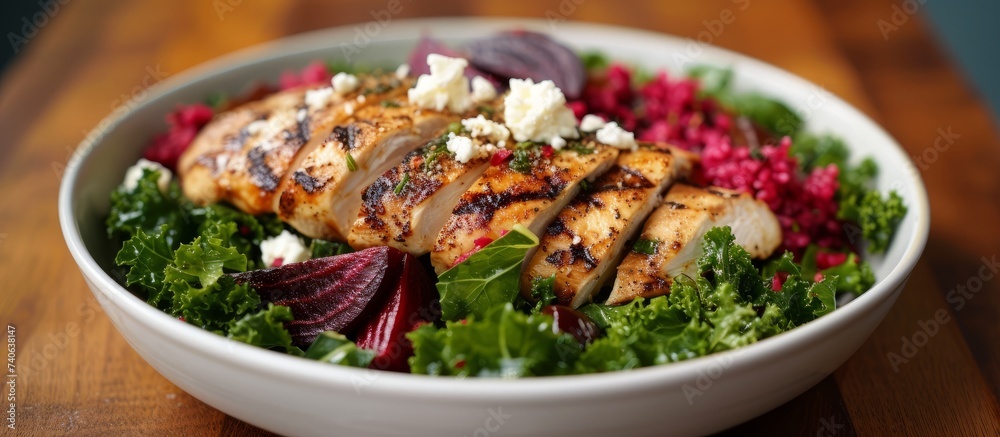 Delicious bowl of food with succulent meat and fresh greens, a healthy and tasty meal option for lunch Delicious bowl of food with succulent meat and fresh greens, a healthy and tasty meal option for lunch