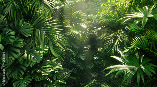 Various green leaves of tropical plants as natural background and sunlight penetrating through the foliage