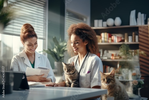 Veterinarian with cats, friendly consultation, modern veterinary clinic photo