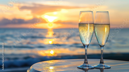 two glasses of champagne on the table at sunset. Beach, sunset with sea background 