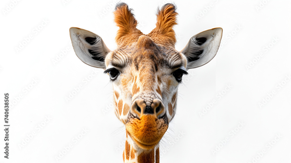 Giraffe head looking straight isolated on white background, Wildlife Animal Safari African Nature Wildlife Portrait, Generative Ai

