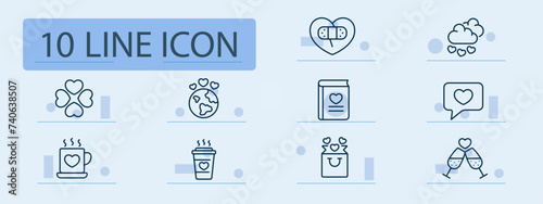 Date set line icon. Romantic date, candlelit dinner, cozy restaurant, cafe, champagne, message patch. Pastel color background. Vector line icon for business and advertising