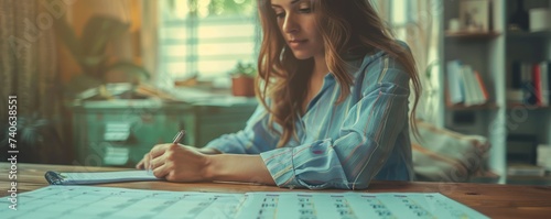 Close-up of a businesswoman s planning session, double exposure with a calendar, organizing success photo