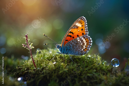Close-up image of a butterfly resting on moss in the forest. Nature photography.