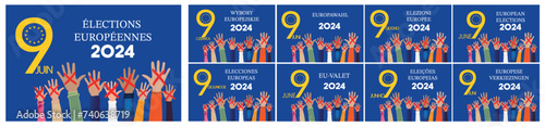 European elections 2024 in 9 languages. People raising hands. Cross check marks and European Flag Background with Stars. flat vector illustration.