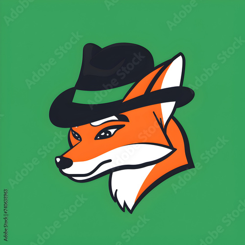 A logo illustration of a fox head wearing a fedora on a green background.