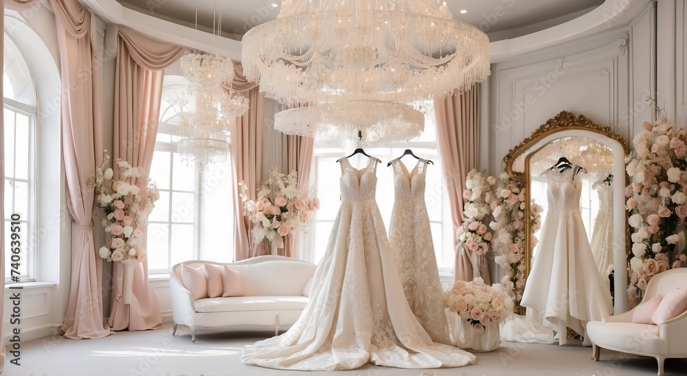 Elegant bridal boutique with wedding dress Elegant bridal boutique with wedding dress