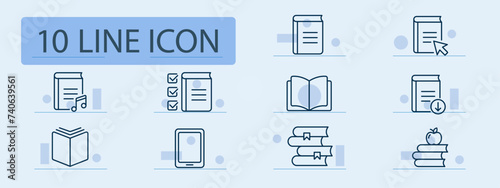 Education set line icon. Educational book, clear explanations, audiobook, e-reader, tablet, apple. Pastel color background. Vector line icon for business and advertising