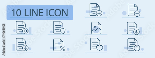 File set line icon. Digital files, cloud storage, secure access, plus, minus, shield, gear. Pastel color background. Vector line icon for business and advertising