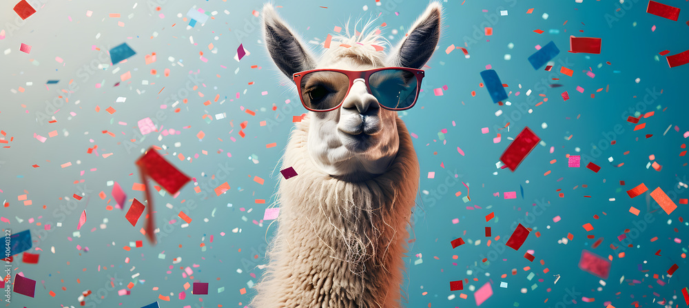 Fototapeta premium Lama with sunglasses posing in red and blue and pink party confetti with copy space