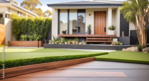 Home with wooden edged artificial grass in the front yard