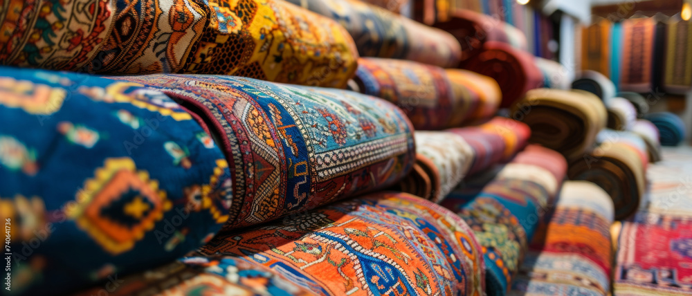 A rich tapestry of textiles, their patterns and colors offering a feast for the senses at a vibrant market
