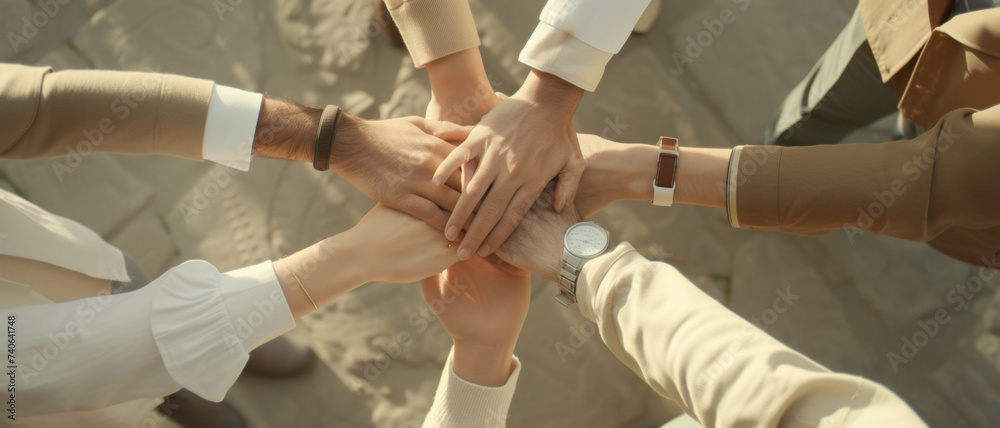 A unity of hands, showcasing teamwork and collaboration in soft daylight A unity of hands, showcasing teamwork and collaboration in soft daylight