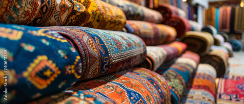 A rich tapestry of textiles, their patterns and colors offering a feast for the senses at a vibrant market