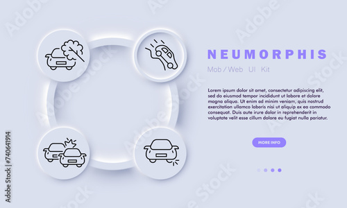 Car accident line icon. Car accident, collision, damaged vehicles, tree, collision, tire burst, ramp, slope. Neomorphism style. Vector line icon for business and advertising