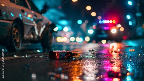 Glass bottles of alcohol drinks on the road, police car with lights on the city street at night. Dangerous collision, driving disaster, transportation incident, drunk man photo