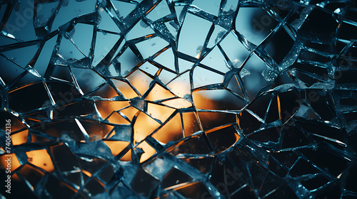 Closeup broken mirror with cracks and fragments