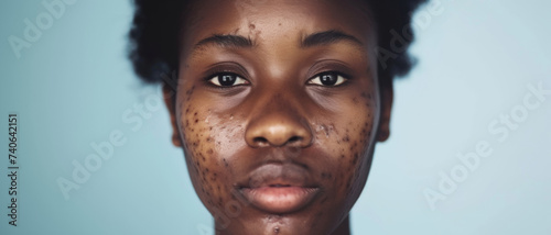 A young individual with a serene expression showcases natural beauty amid skin imperfections
