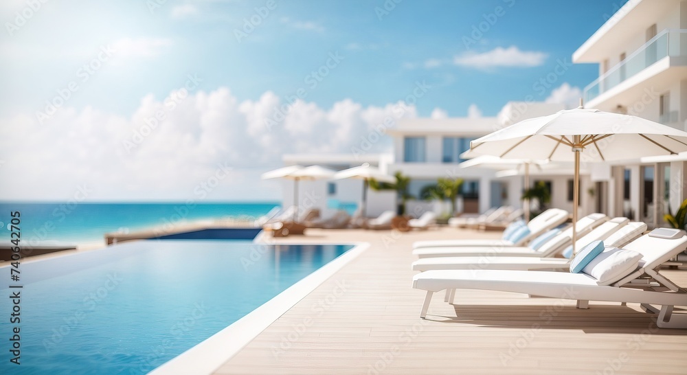 Luxury modern white beach hotel with swimming pool
