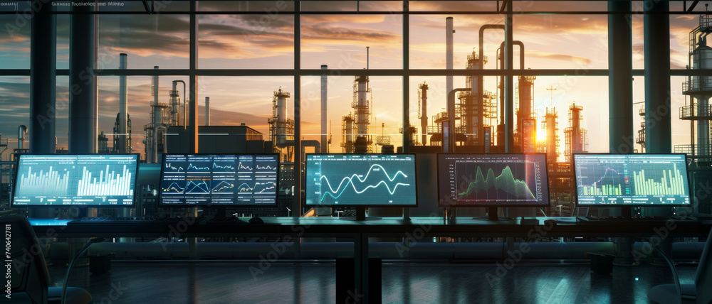 Monitors glow against a twilight refinery, symbolizing the fusion of industry and technology