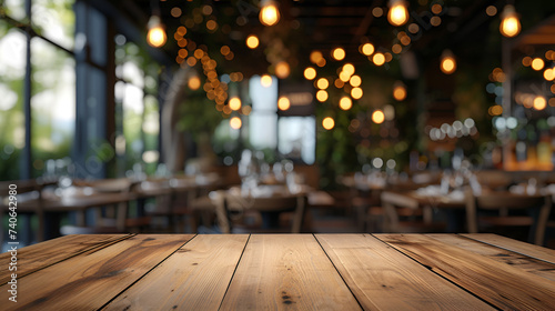 Mockup blank menu frame wooden table blurred restaurant background, Generative Ai

 photo