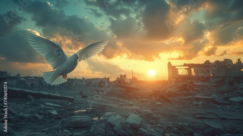 A white dove flying in front of a ruined city at sunset or sunrise, symbolising hope for peace