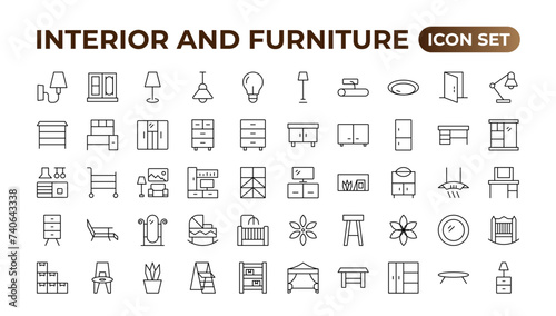 Furniture flat line icons set. Kitchen, bedroom, sofa table, bookcase closet, chair, mattress, lamps, ladder vector illustrations. Outline signs of the house interior. Furniture outline icon.