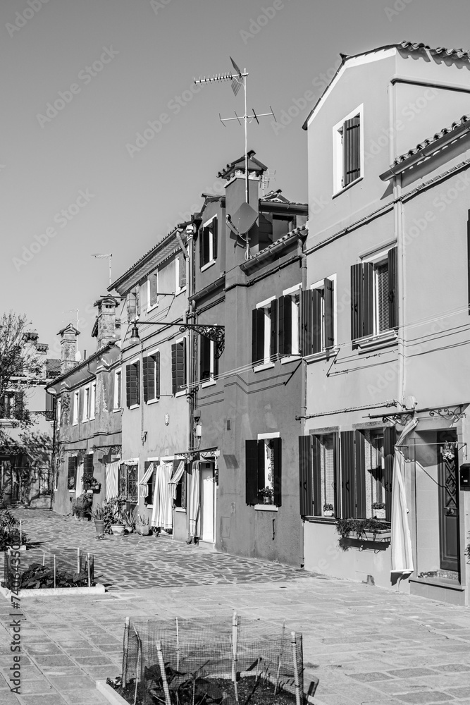 Black and white houses on Burano island, Venice, Veneto region, Italy