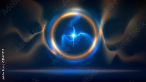 Golden blue circular lighting background, electric arc, plasma, ball lightning. Golden ring glow. Glowing gold circle. Stage backdrop. Illuminated stage. Background for displaying products. Vector