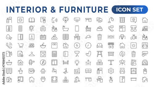 0206 Furniture flat line icons set. Kitchen, bedroom, sofa table, bookcase closet, chair, mattress, lamps, ladder vector illustrations. Outline signs of the house interior. Furniture outline icon.