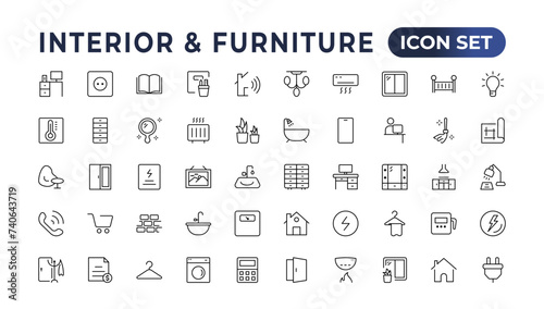 Furniture flat line icons set. Kitchen, bedroom, sofa table, bookcase closet, chair, mattress, lamps, ladder vector illustrations. Outline signs of the house interior. Furniture outline icon.