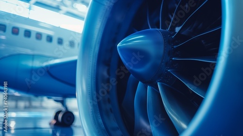 Details of an aircraft jet engine on display. Blue color