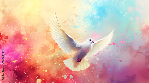 Holy Spirit Dove abstract colorful watercolor background religious Christian faith symbol, Generative Ai

 photo