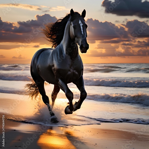 A black horse galloping on a beach at sunset