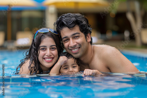 Beautiful family having fun in a swimming pool mother father and son smiling bath. Refreshing Family Time: Cheerful Mother, Father, and Son Enjoying Sunny Day in Vibrant Pool Setting. Happy Parents. photo