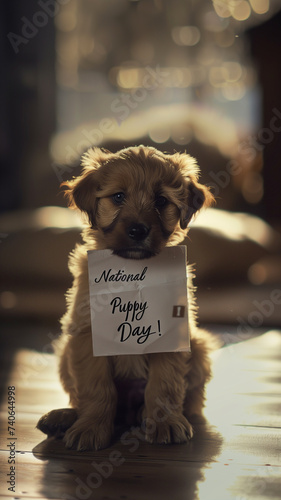 A fluffy, adorable puppy sits in a warm room, sweetly gazing at you. Her paws delicately hold a piece of paper on which "National Puppy Day!" is written in human handwriting. 