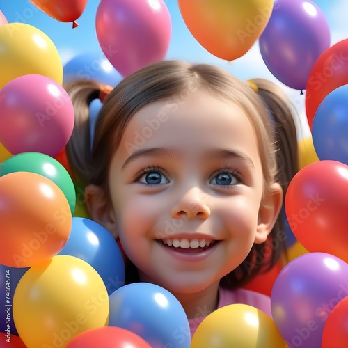 Child having fun in a place full of colorful balloons. Playful image of a child generated by AI.