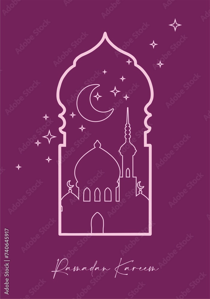 Ready-to-print poster (card) on the theme of Ramadan celebrations in deep, rich colors. Arabic motifs depicted in linear silhouettes on a colored background are suitable for posters, cards, branding,