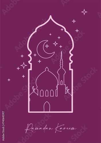 Ready-to-print poster (card) on the theme of Ramadan celebrations in deep, rich colors. Arabic motifs depicted in linear silhouettes on a colored background are suitable for posters, cards, branding,
