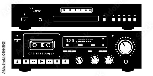 Audio Cassette Player and CD Player Silhouettes. Vintage analog audio equipment. Vector cliparts isolated on white.