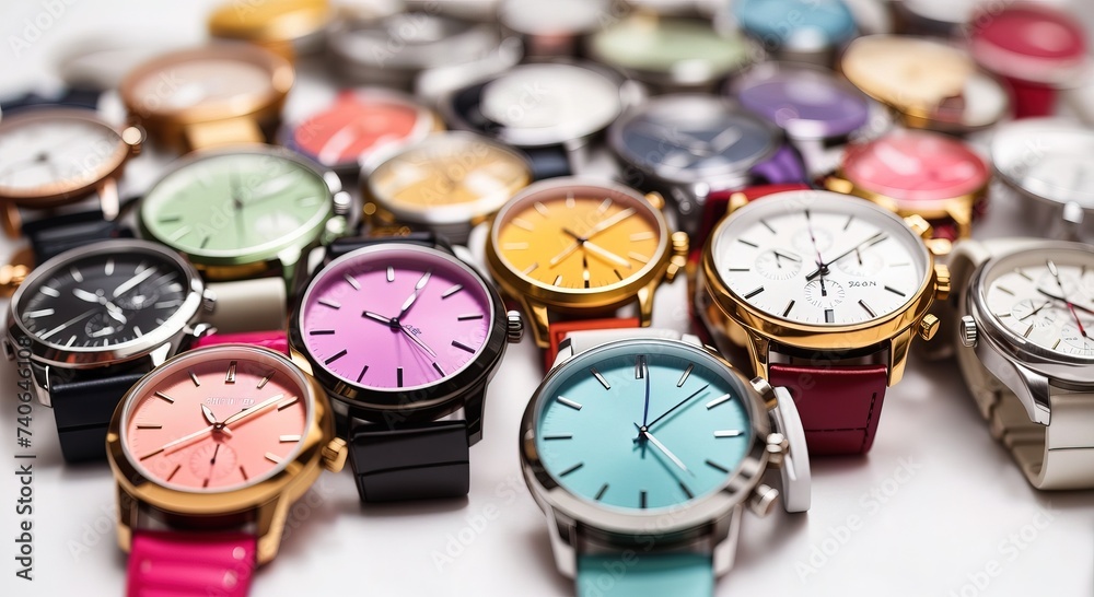 Various colorful watch in a neat row on a white background Various colorful watch in a neat row on a white background