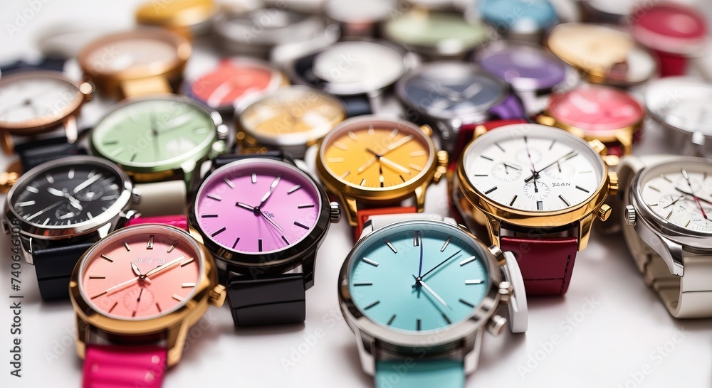 Various colorful watch in a neat row on a white background