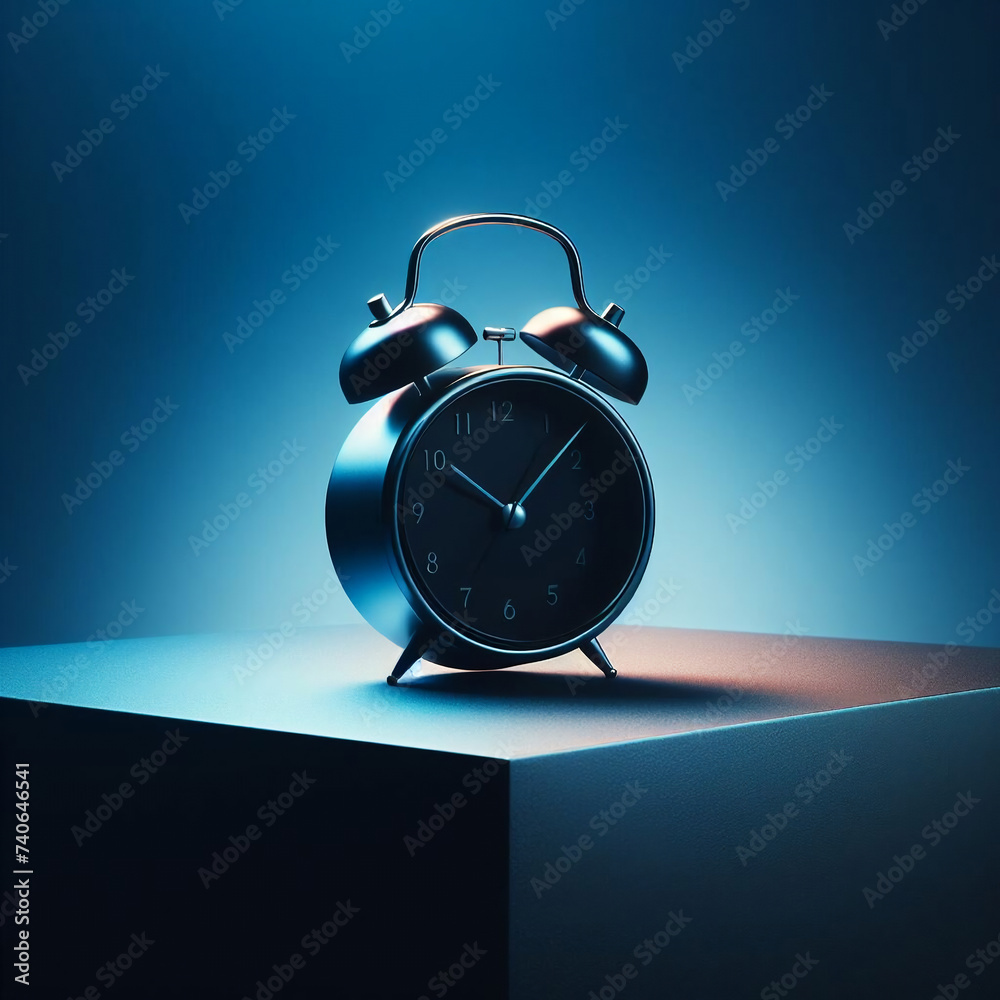 alarm clock on blue background - obrazy, fototapety, plakaty 