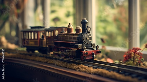 Closeup of a black vintage, historic steam locomotive with wagons, toy or model on the railroad tracks, movement