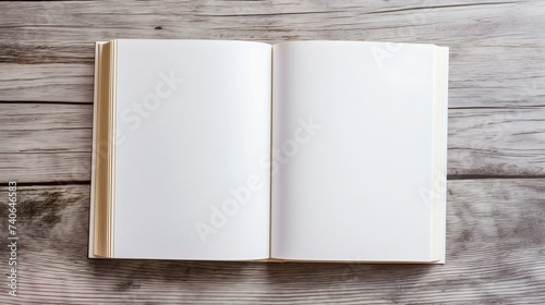 Blank white book pages of the open book, top view photography, placed on the wooden table. Empty hardcover notebook template
