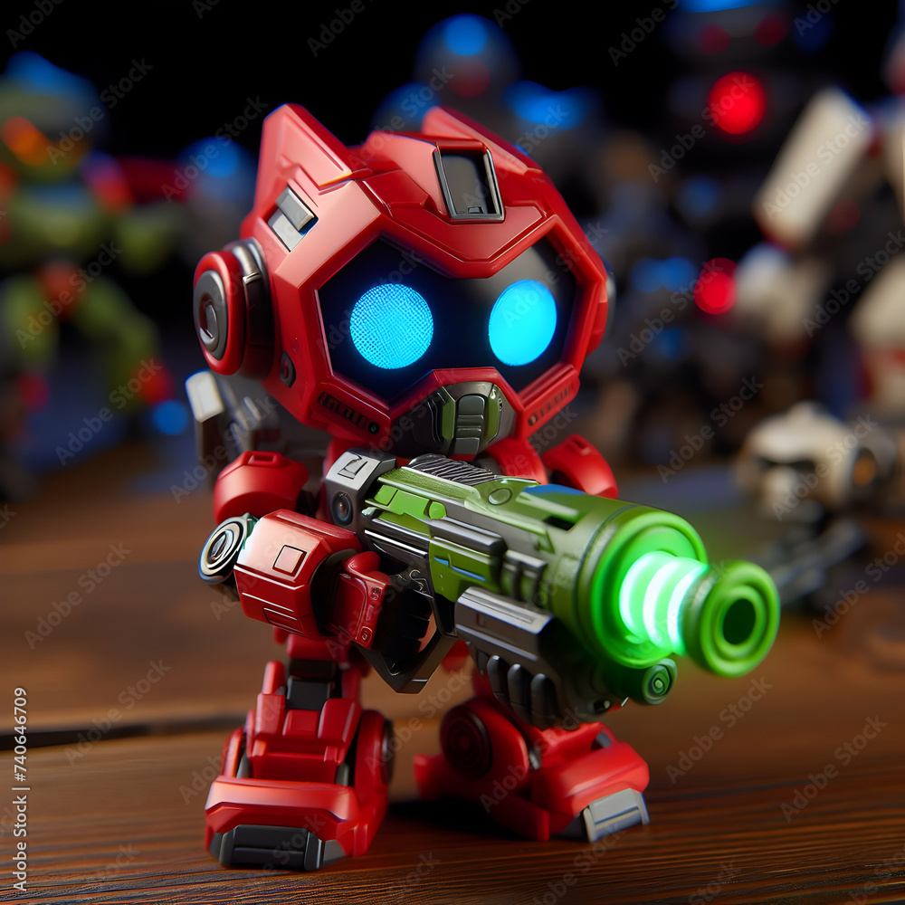A toy robot with a red body, blue eyes, and a green laser gun, robot, toy, gun, red, Ai generated 