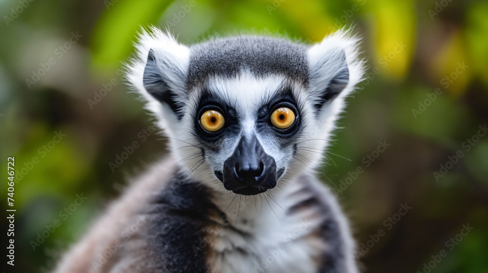 Closeup portrait of one beautiful Madagascar black and gray furry lemur animal outdoors in the wildlife or the zoo. Fluffy creature looking at the camera. 
