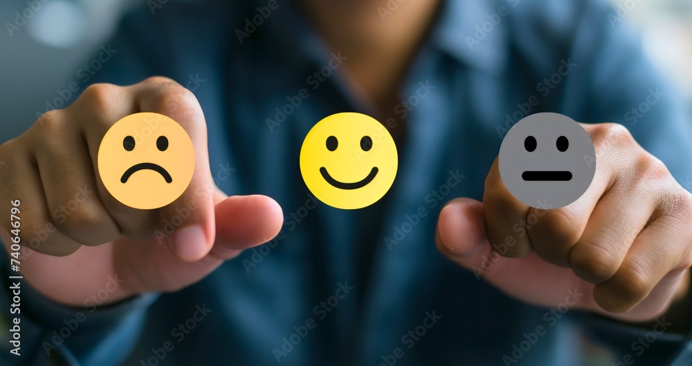 Man rating customer service experience, clicking emojis on the screen. Customer rating survey quality and reputation. Positive review, excellent product, happy and satisfied user. Evaluation opinion